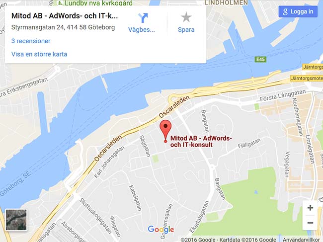 Karta där Mitod AB är utmarkerad.